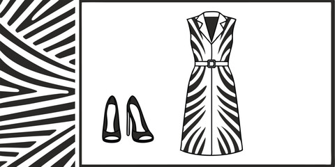 Black and white zebra patterned outfit with heels for fashion design and illustration
