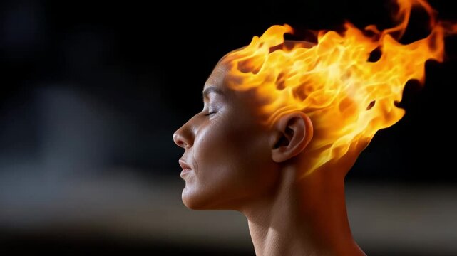 Person with head fire and calm face, eyes closed, bright flame profile symbolizing intense passion