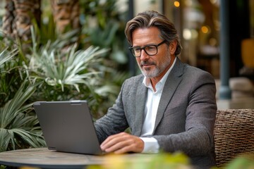 Busy middle aged business man executive ceo wearing suit and glasses sitting at outdoor table using laptop. Mature professional businessman manager hybrid working looking at computer outside