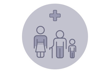 Icon of three figures representing family in healthcare context. Adult, elderly person with cane, and child, medical cross symbol emphasizing healthcare