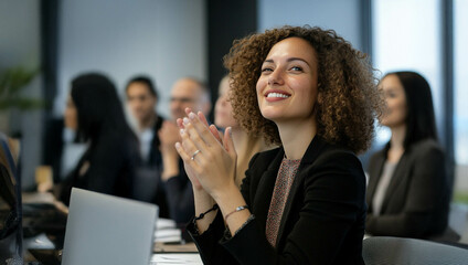 Celebrating Success: A Diverse Team Applauding During a Business Conference Presentation. Generated image