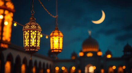 Fototapeta premium Ornate lanterns glow warmly against a twilight sky, with a crescent moon and mosque in the distance.