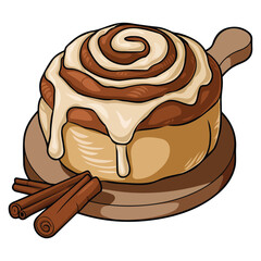 Cinnamon bun with icing sweet isolated vector illustration on white background