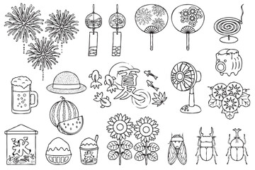 かわいい夏の手描きイラスト素材セット