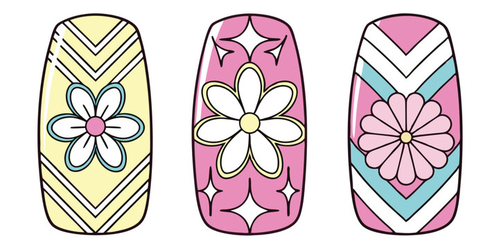 Colorful decorative nail designs with floral and geometric patterns on transparent background