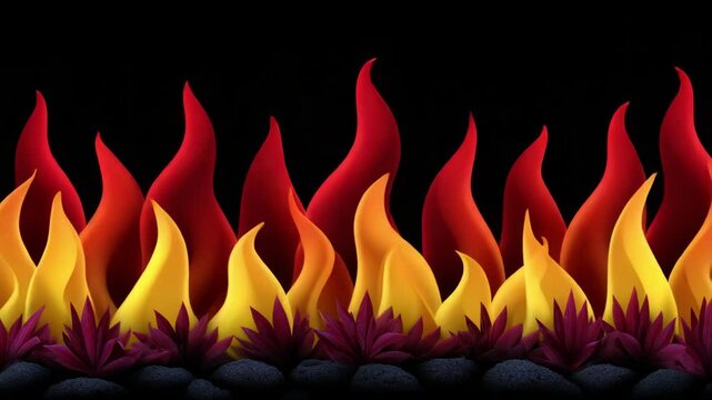 Flames with yellow and red fire burning above dark stone and leaf creating warm vibrant fire scene