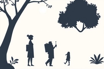 Mother and children cartoon silhouette illustration standing under trees black and