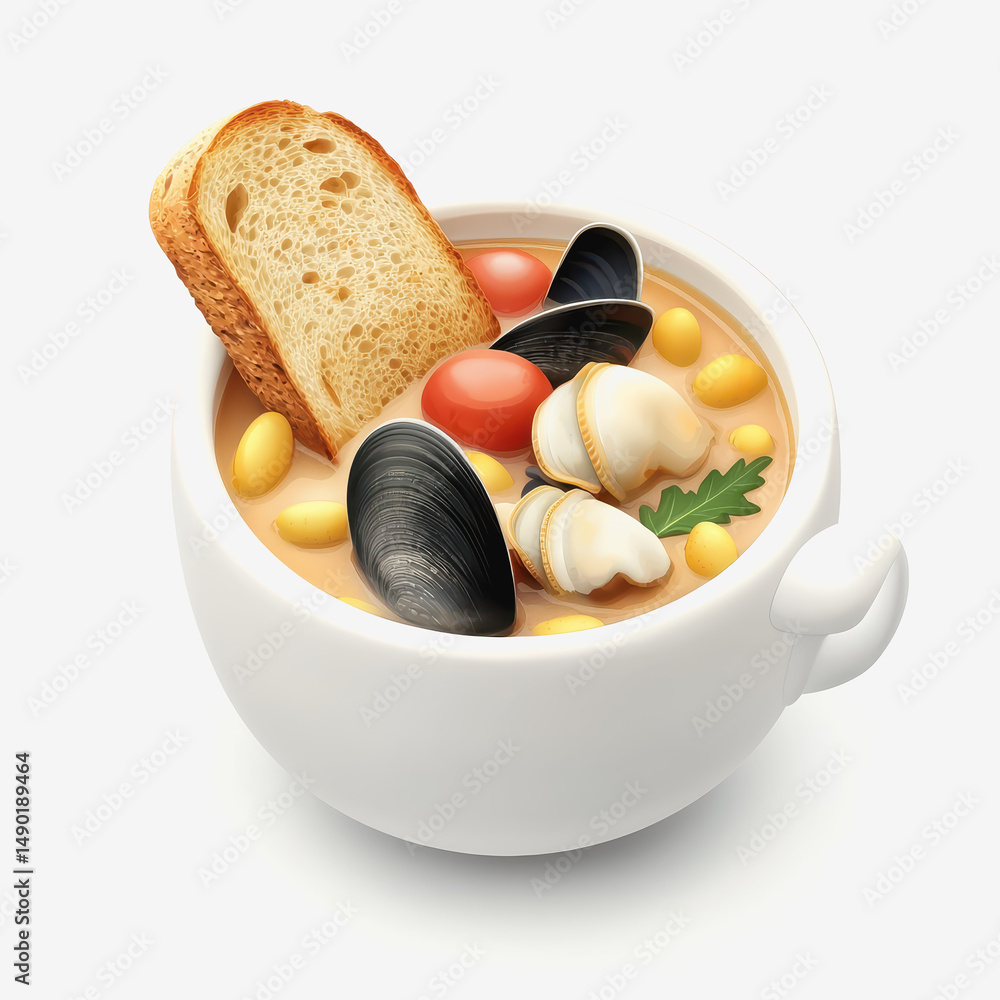 Aufkleber overhead view of steaming bowl of clam chowder surrounded by fresh bread on a rustic wooden table