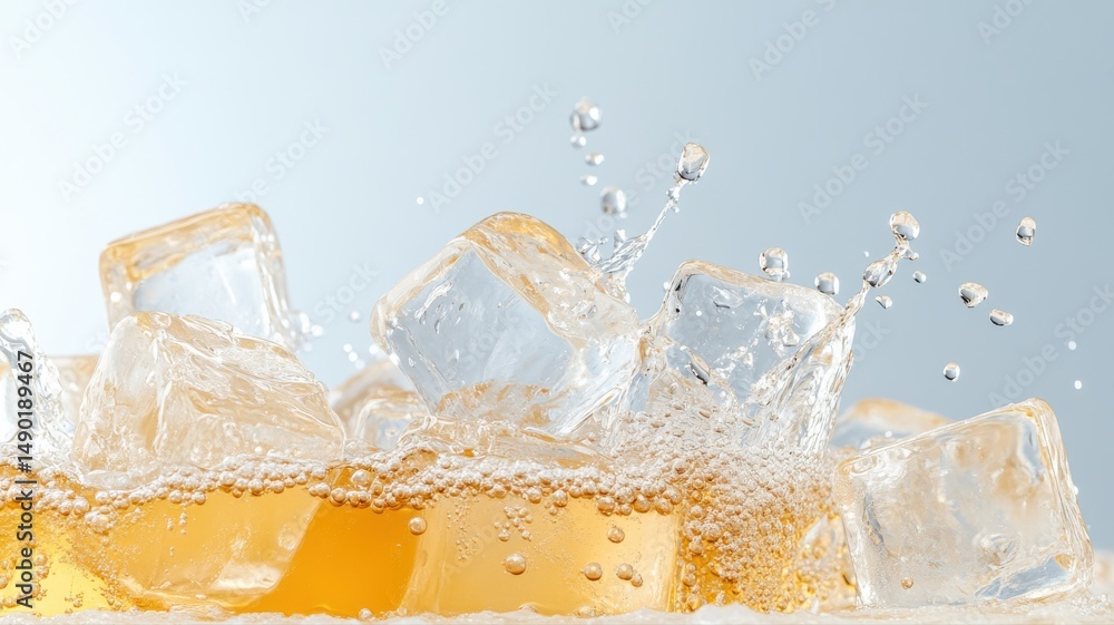 Poster dynamic ice splash in refreshing golden drink ice splash drink dynamic refreshing ice cubes beverage