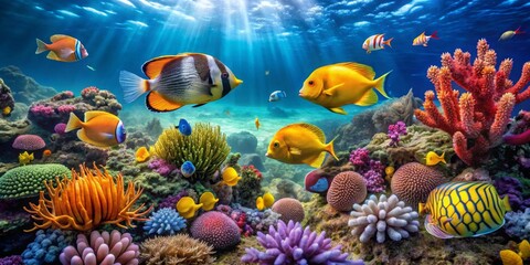 Vibrant Reef Scene Showcasing Diverse Marine Life and Coral Formations in Underwater Paradise