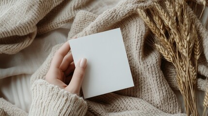 Blank White Card Mockup on Knitted Fabric
