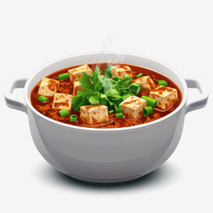 Overhead view of steaming hot bowl of spicy sichuan soup with tofu and fresh vegetables on a wooden table