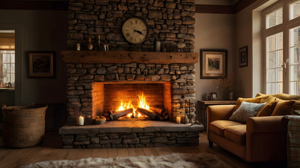 fireplace with burning logs, ai generated