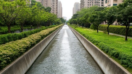 Fototapeta premium City canal, green landscaping, apartments, urban nature, tranquil scene