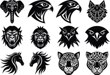 Fototapeta premium Tribal Animal Face Silhouette Vector Bundle Lion, Tiger, Eagle, Dragon and More