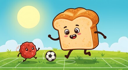 Obraz premium Cartoon bread slice and meatball playing soccer on a green field under a bright sun