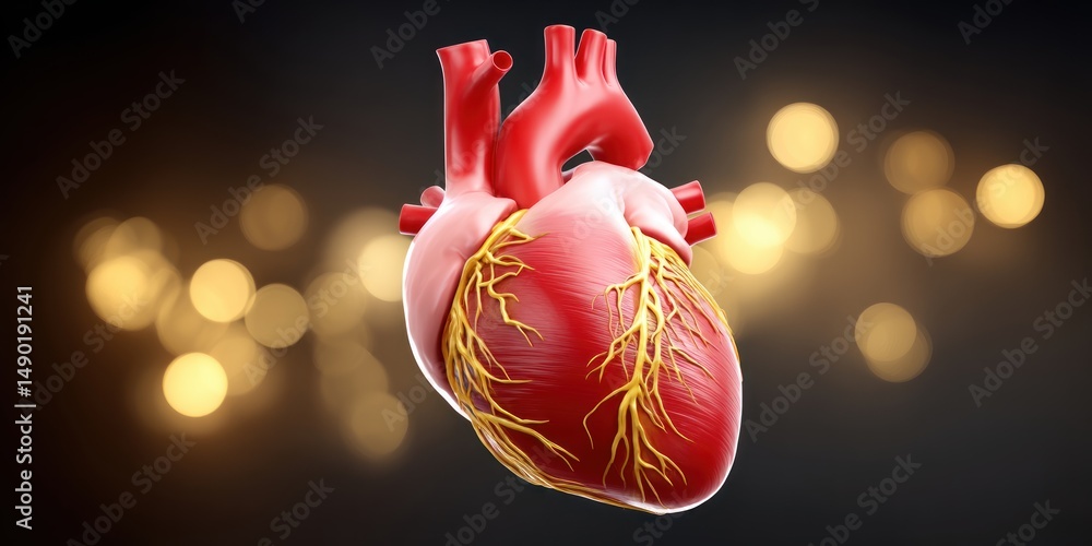Poster anatomically accurate human heart model vividly shows intricate details against a blurred background