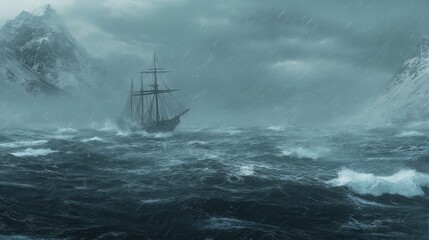Obraz premium A dramatic ship battling a stormy sea amidst snowy mountains.