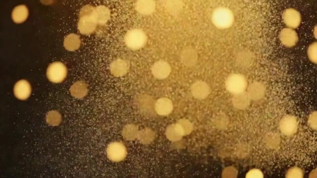 Shining gold particles, dast glitter flowing and swirling in against a dark background. Particle background. Beautiful bokeh. Seamless looping animation