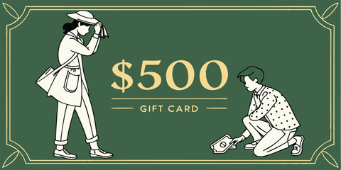 Elegant green and beige gift card with stylish illustrations for five hundred dollars