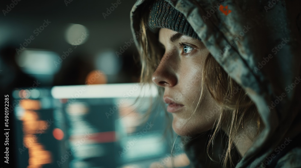 Aufkleber focused woman in hoodie stares intently at computer screen filled with code in a dimly lit environme