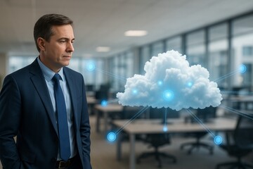 Businessman Cloud Computing Network Technology Digital Data Storage Server Internet Online Information System Global Communication Modern Workplace Professional Man Digital Transformation Cloud Based 