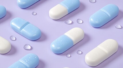 Light-blue and white pills arranged on a lavender background.