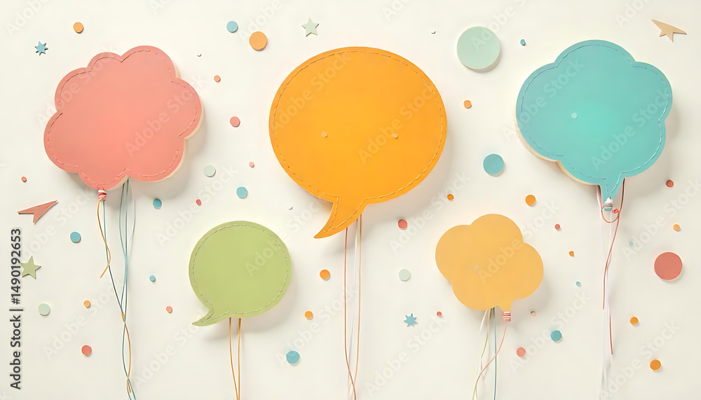 Poster an array of brightly colored speech bubbles float against a clean, white backdrop, suggesting open c