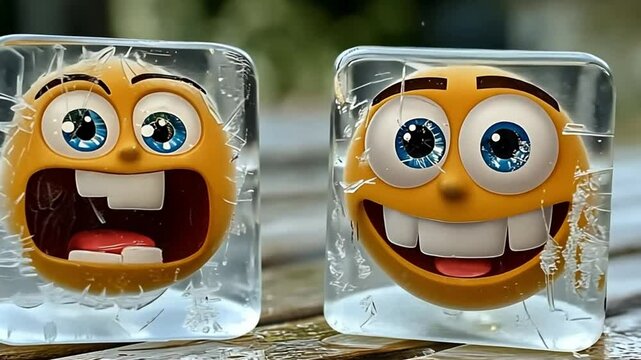 Two cartoonish emoji faces encased in ice cubes, showcasing different expressions in a natural setting