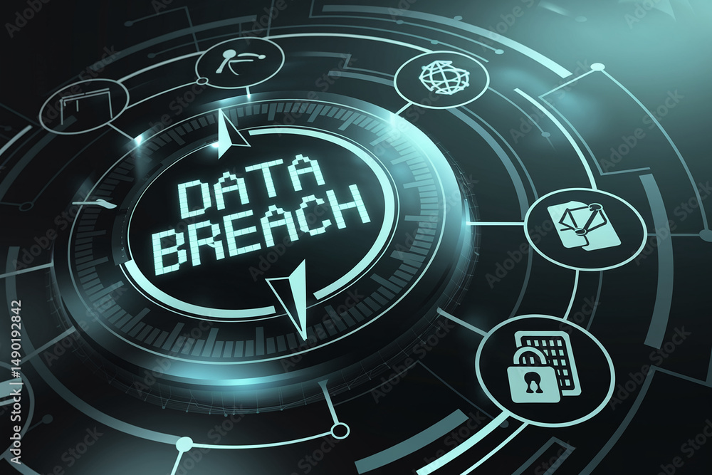 Poster digital compass displaying data breach, surrounded by security icons, representing cyber threat and 