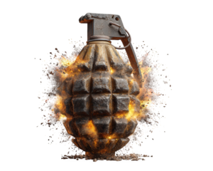 Explosive grenade detonating with burst of flames and debris, showcasing powerful explosion effect. scene captures intensity and chaos of explosion in dramatic manner