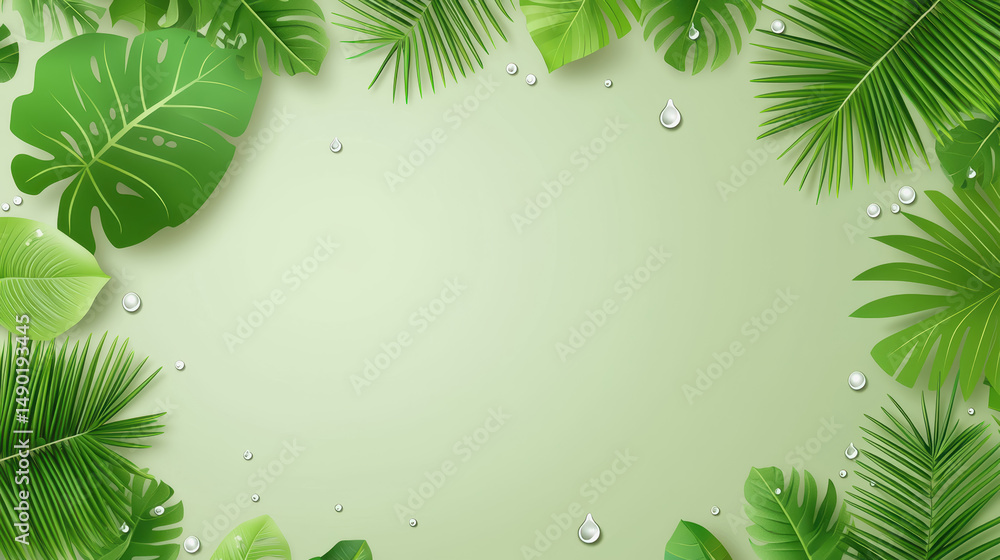 Poster lush tropical background featuring green leaves with dewdrops creating a refreshing and invigorating