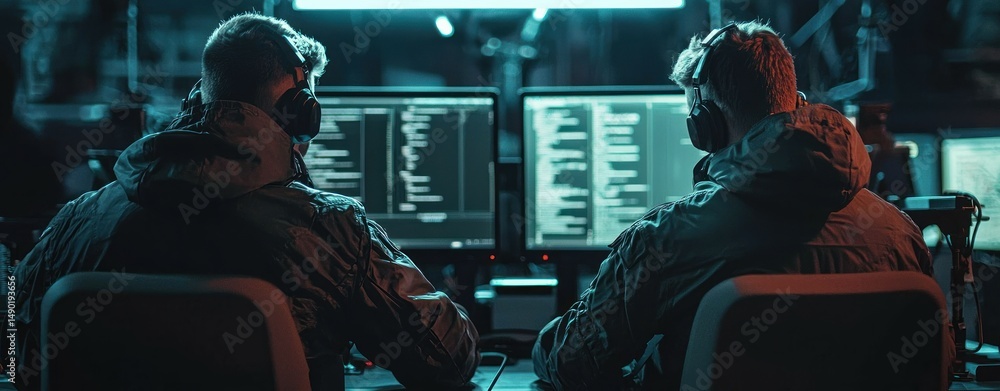 Poster Two cyber security professionals analyze code on monitors in a dark control room environment now working.