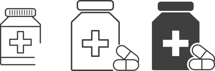 Pill bottle icon set. Health supplements. vitamin pills. packaging for healthcare. medical and pharmaceutical element
