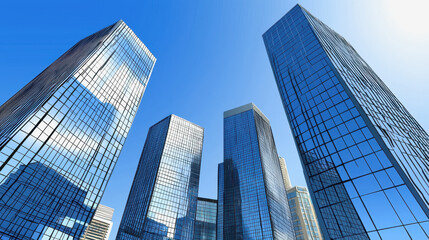 Obraz premium Stunning cityscape featuring modern skyscrapers with reflective glass facades against a clear blue sky