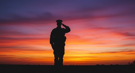 Silhouette of a Soldier Saluting at Sunset