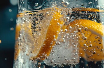 Effervescent bubbles rising in glass of soda with floating lemon
