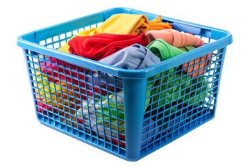 Colorful cloths in a blue mesh plastic basket isolated transparent background