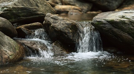 Close-up of a small waterfall cascading over rocks in a stream. Water flowing over stones in a natural setting. Soft, diffused light. Misty, tranquil scene. Clear, cool water. .