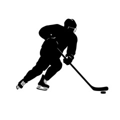 Silhouette of hockey player skating with stick and puck on white background in action pose vector art