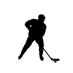 Fototapeta premium Silhouette of a hockey player in action with stick and puck on a white background simple illustration