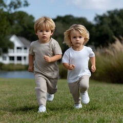 Fototapeta premium Two young boys in neutral-toned clothes run outdoors