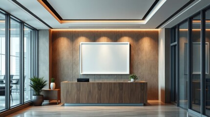 A modern office space features sleek wood reception desk with a blank white frame on the wall