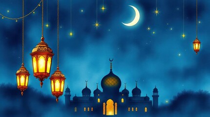 Obraz premium Tranquil blue scene featuring a mosque silhouette, crescent moon, stars, and glowing lanterns.