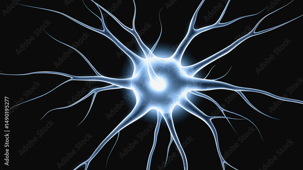 Poster blue and white neurons interconnected in a complex network representing synaptic pathways in the ner