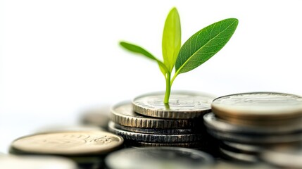 Growing plant emerging from stacked coins symbolizing financial growth and sustainability