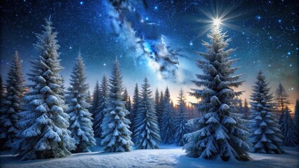 Fototapeta premium Frosty trees stand tall under starry night sky with branches glowing softly in the darkness, woodland scene, evergreen trees