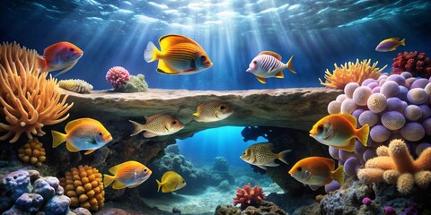 Vibrant Reef Scene Showcases Diverse Tropical Fish and Coral Formations in Underwater Paradise