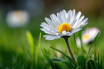 Obraz premium A delicate close-up of a blooming daisy, with bright white petals radiating around a sunny yellow center