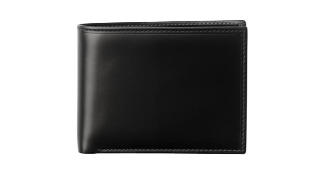 A close up shot of a black leather wallet on a transparent background
